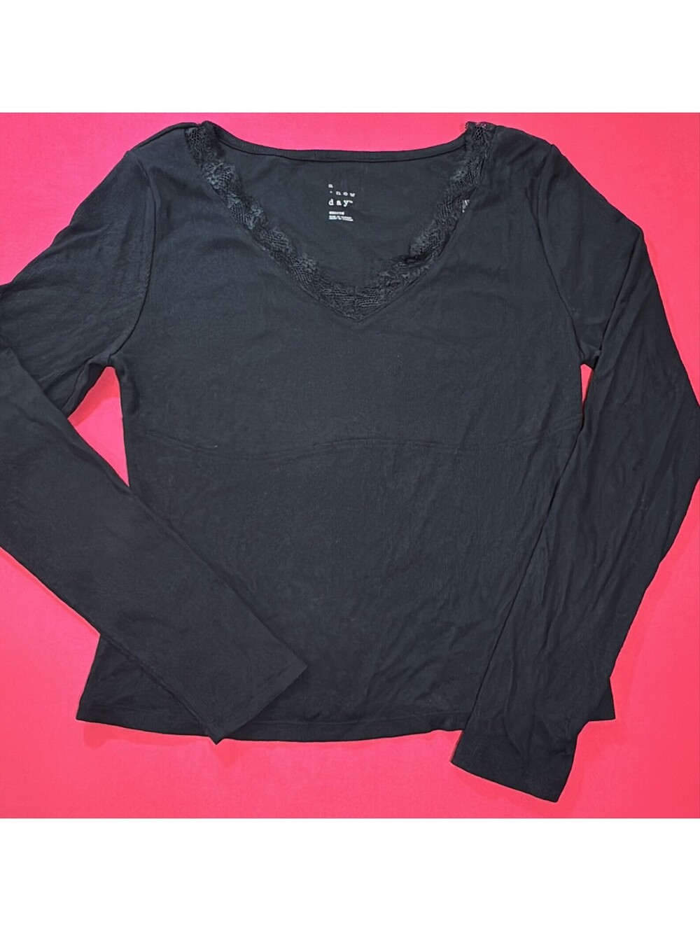 A New Day Black Lace Trim Ribbed Long Sleeve Top Size M New